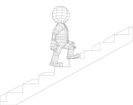 Puppet 3d man walking stairs isolated on white background, side view. Vectorのイラスト素材