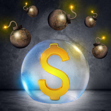 Dollar sign in bubble with bombs aroundの写真素材