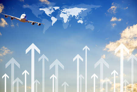 Jet in sky with clouds and big arrows up, growth conceptの写真素材