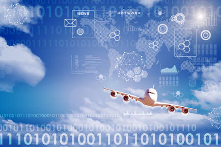 Jet in sky with clouds and world map, technology conceptの写真素材