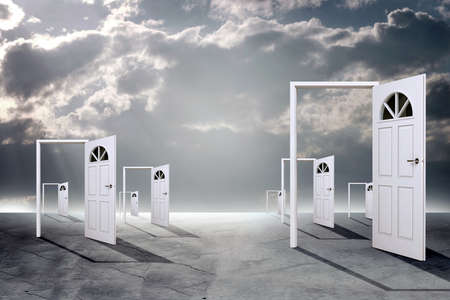 Set of open doors with sky and cloudsの写真素材