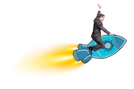 Businessman riding blue rocket isolated on white backgroundの写真素材