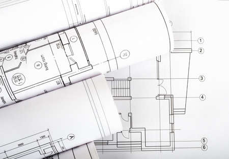 Architecture plan and rolls of blueprints closeup. Building conceptの写真素材