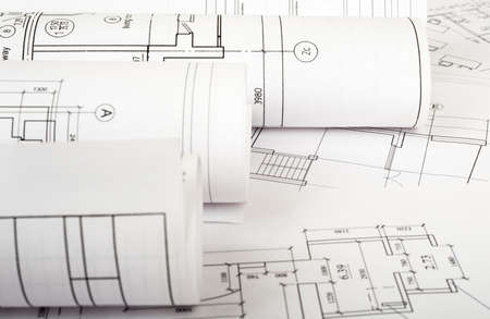 Architecture plan and rolls of blueprints closeup. Building conceptの写真素材