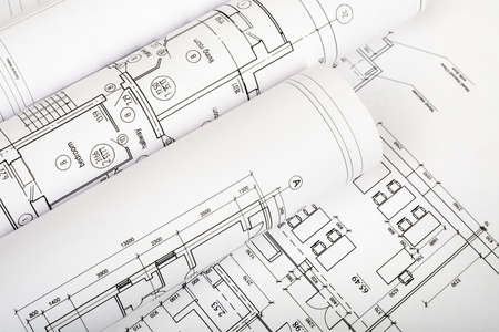 Rolls of blueprints, top view. Building conceptの写真素材