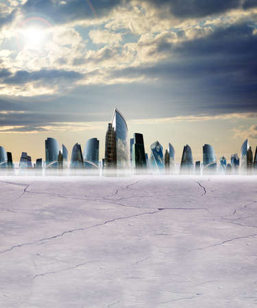 Cityscape with grey sky and clouds, modern city conceptの写真素材