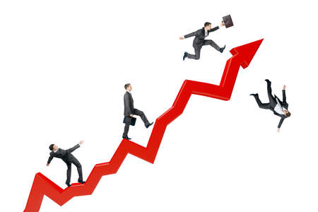 Business people falling from arrow isolated on white backgroundの写真素材