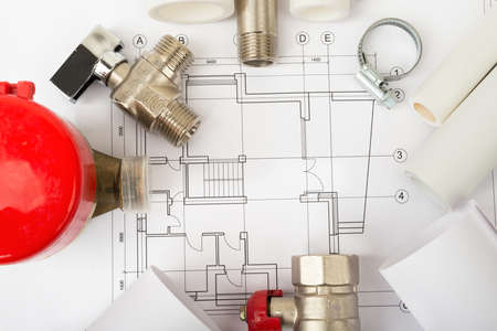 Architecture plan with red water meter and mixer tap. Building concept