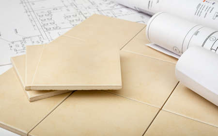 Set of tiles with blueprints, close up viewの写真素材