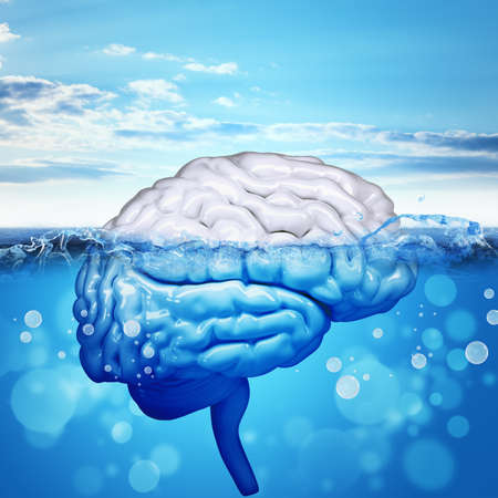 Human brain in sea with bubbles and blue sky