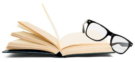 Open book with eyeglasses isolated on white background, close up viewの写真素材