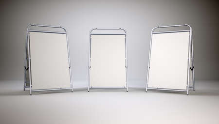 Three small empty stands on grey wall background. 3D illustrationの写真素材