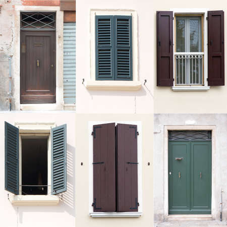 Collage of house doors and windows, architecture concept. Italy