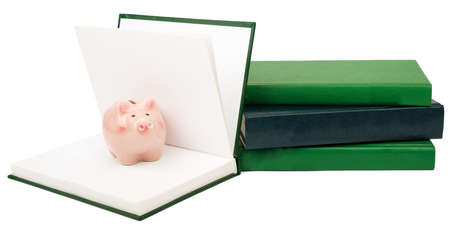 Notebooks with piggy bank isolated on white backgroundの写真素材