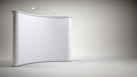 Stand with blank screen on grey wall background. 3D rendering