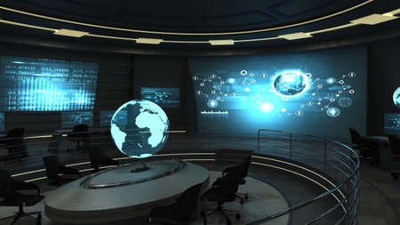 Futuristic interior view of dark office with holographic screens. 3d renderの写真素材
