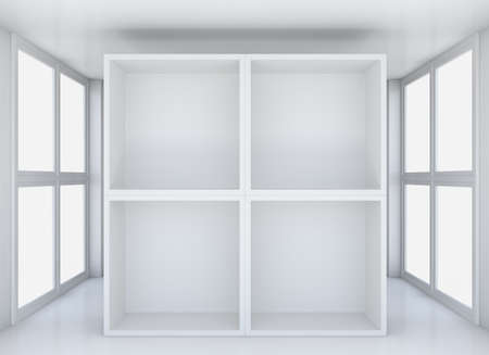 Empty exhibit showcases in blank interior showroom with large windows. 3D renderingの写真素材