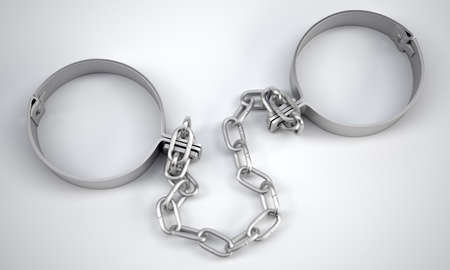 Rendered handcuffs on grey background, 3d rendering. Close up view