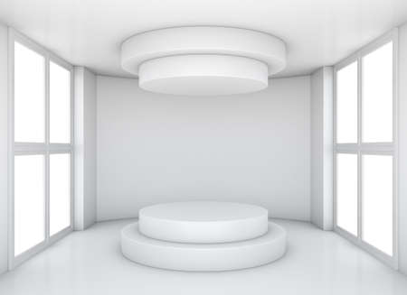 Empty showcase. Pedestal and top cap in white room with window. Template for design. 3D illustrationの写真素材
