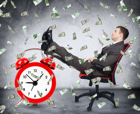 Time is money concept with businessman, clock and money rain