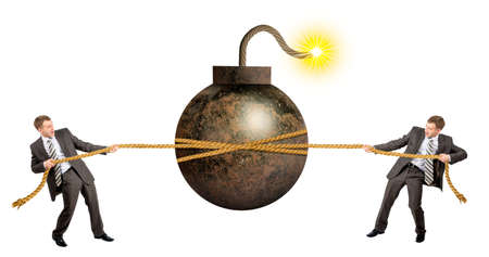 Businessmans pulling bomb against another man isolated on white backgroundの写真素材