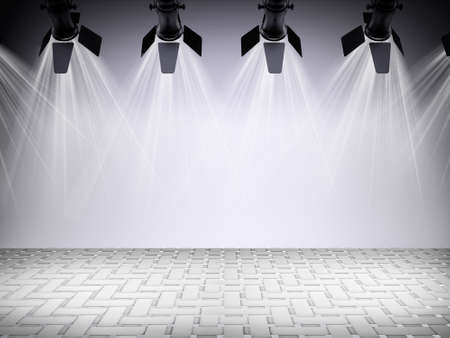 Illuminated empty white concert stage with soffits