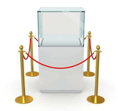 Empty glass cube on pedestal for exhibit with barrier rope. 3D illustrationの写真素材