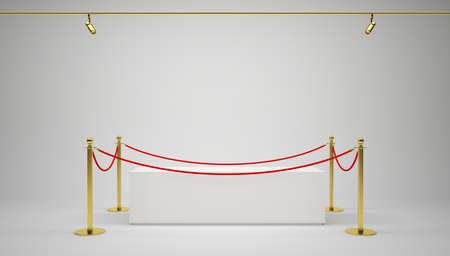 Empty showcase with tiled stand barriers for exhibit. Gray background. 3D illustration