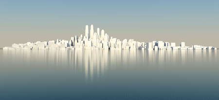 White city with blue sky and sea. 3D renderingの写真素材