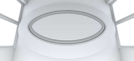 Empty showroom with circle table for exhibit. Top view. White background. 3D renderingの写真素材