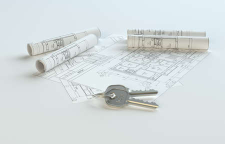 Blueprints with keys, copy space for your contentの写真素材