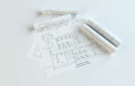 Rolled House Blueprints On Gray Backgroundの写真素材