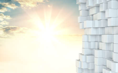 Wall from white cubes against a beautiful sunrise. 3D Illustration. Web design backgroundの写真素材