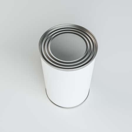 Metal tin can with white paper label