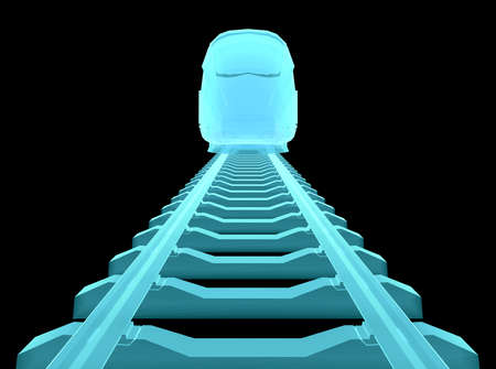 Glow blue high-speed train on black background. 3d illustrationの写真素材