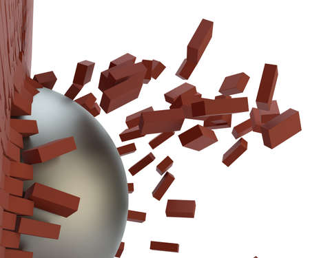 A metal ball broke the brick wall. Close-up. 3d illustrationの写真素材