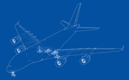 Passenger aircraft. Vector rendering of 3d. Wire-frame style. The layers of visible and invisible lines are separatedのイラスト素材