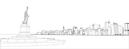 Wire-frame New York City, Blueprint Style in black and whiteのイラスト素材