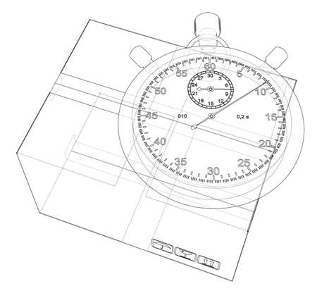 Stopwatch with cardboard box sketch. Vector rendering of 3d. Wire-frame style. The layers of visible and invisible lines are separatedのイラスト素材