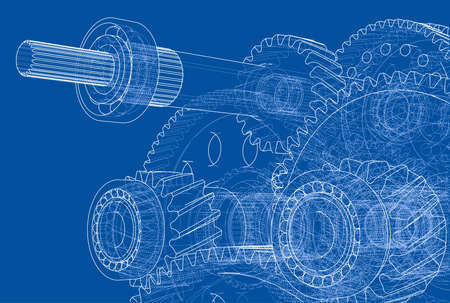 Gearbox sketch. Vector rendering of 3d. Wire-frame styleのイラスト素材