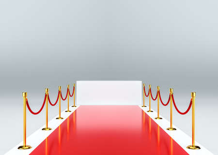 Red carpet with barrier. White empty pedestalの写真素材