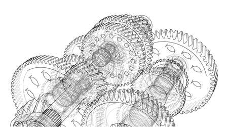 Gearbox sketch. Vector rendering of 3d. Wire-frame styleのイラスト素材