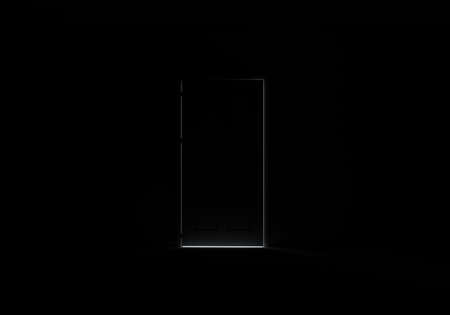 Opening black door in dark room with shining lightの写真素材