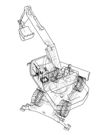 Outline of excavator, isolated on white background. Vector format, rendering of 3d illustration.のイラスト素材