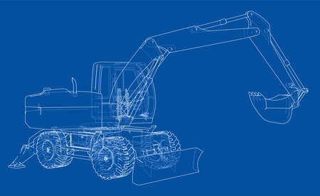 Outline of excavator isolated on white background. Vector EPS10 format, rendering of 3dのイラスト素材