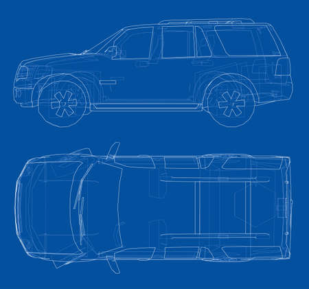 Car SUV drawing outline. Vector rendering of 3d. The layers of visible and invisible lines are separatedのイラスト素材