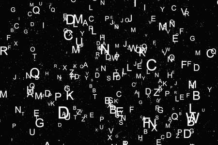 Abstract white alphabet fly on black backgroundの写真素材