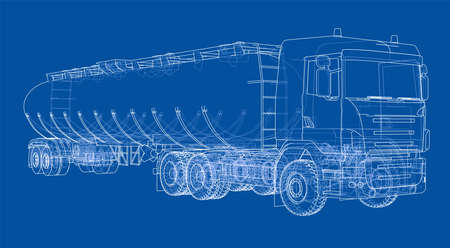 Oil truck sketch illustration. Vector image rendered from 3d model in sketch style or drawing. Blue backgroundのイラスト素材