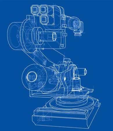 Industrial robot manipulator or robot arm. Vector image rendered from 3d model in sketch style or drawing. Blue backgroundのイラスト素材