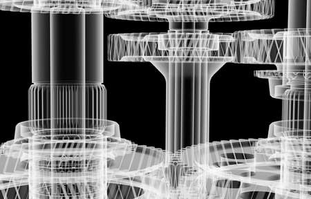 Gears, shafts and bearings. X-ray render